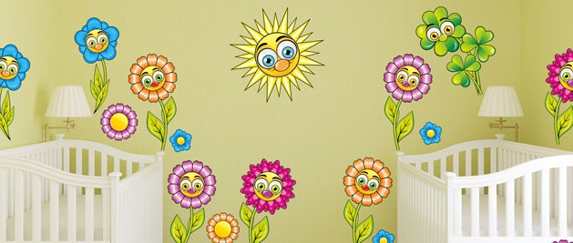 Květinky - sada barevných samolepek na zeď, polep na stěnu a nábytek