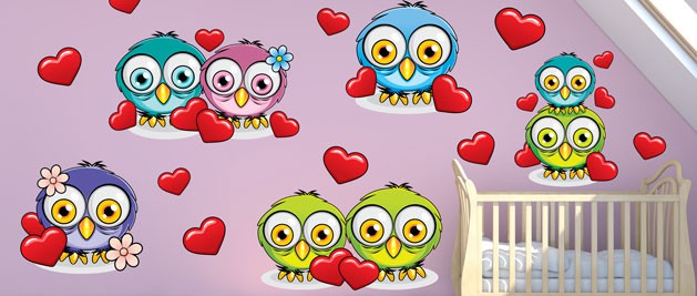 Zamilovaní vrabčáci - sada barevných samolepek na zeď, polep na stěnu a nábytek