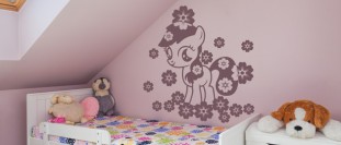 Samolepka na zeď dětský poník s kvítky, polep na stěnu a nábytek